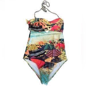 OP One Piece Swimsuit Beach Umbrella Print Strapless Tie Size M 7-9